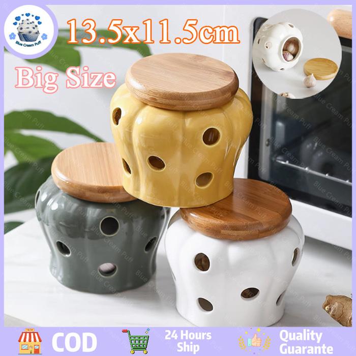 【COD】Toples Penyimpanan Jahe & Bawang Putih Keramik / Toples Penyimpanan Dapur / Desain Jepang / Top