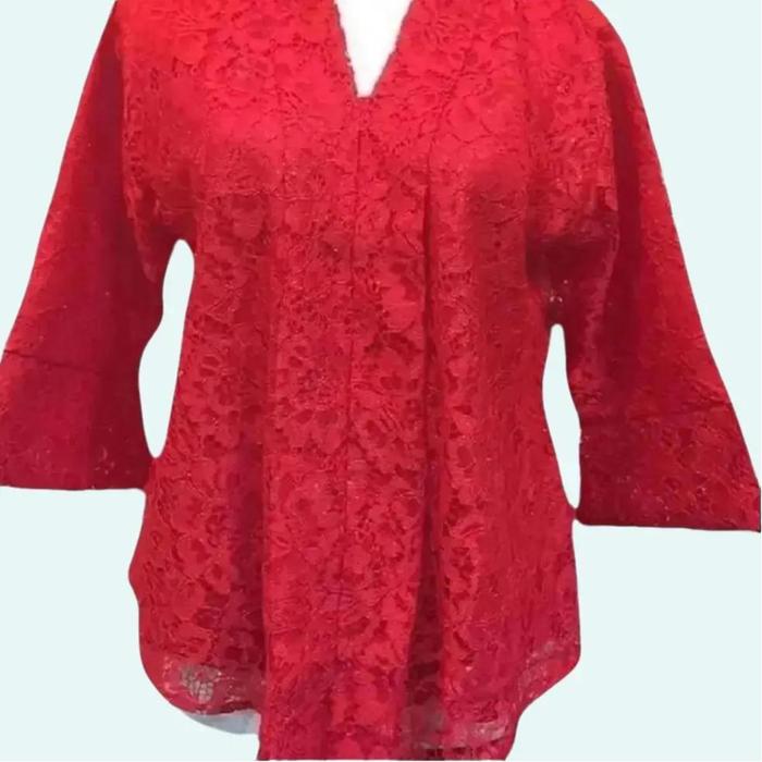 ATASAN KEBAYA FLOY KUTU BARU BRUKAT MERAH CABE Bahan Brukat Non Gliter Full Puring Desain Feminin Le