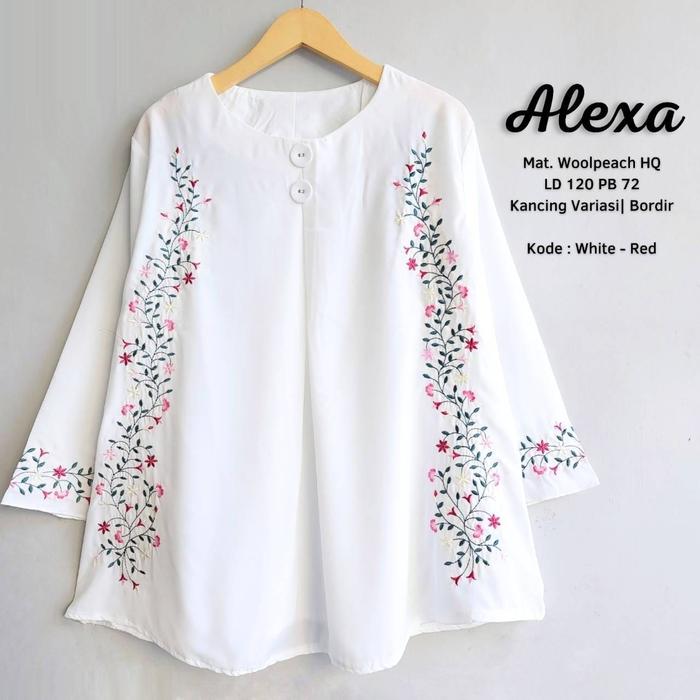 "alexa" blouse putih bordir jumbo blus wanita kekinian muslim oversize