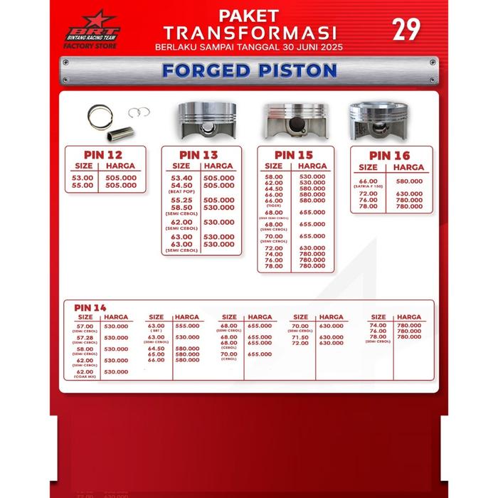 PALING MURAH FORGED PISTON BRT - PIN 12 PIN 13 PIN 14 PIN 15 PIN 16 - BINTANG RACING TEAM