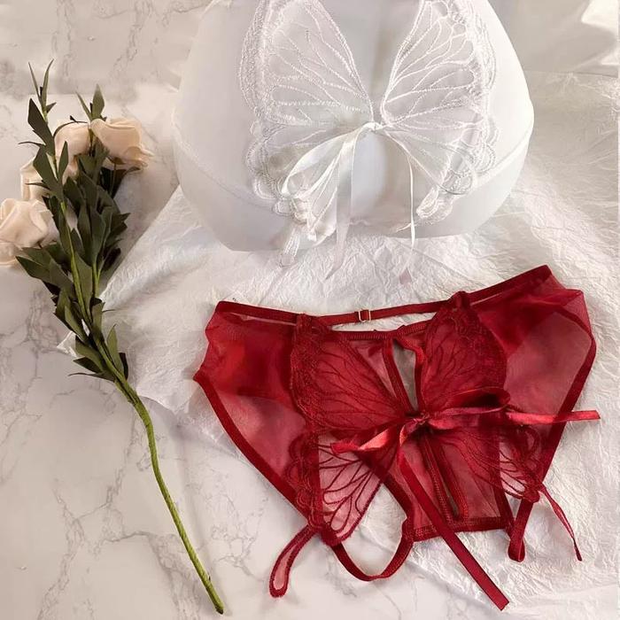 Celana Dalam Wanita Bordir Kupu-kupu Open Tali G String Transparan cd 4C021 Lingerie Renda Pinggang 