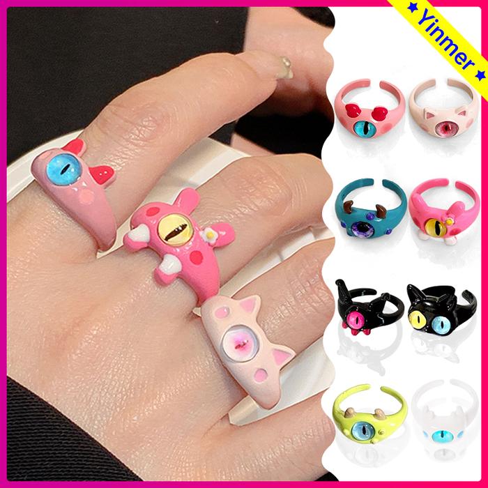 COD✨Cincin Jari Korea Desain Kartun Kecil Rakasa Warna Ajustable Steve Lucu Kucing Hitam Monster Kec