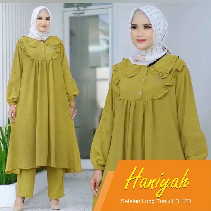 Haniyah Setelan Baju Celana Panjang Bawahan Kulot Wanita Muslim Size Jumbo Bahan Crinkle Airflow  LD