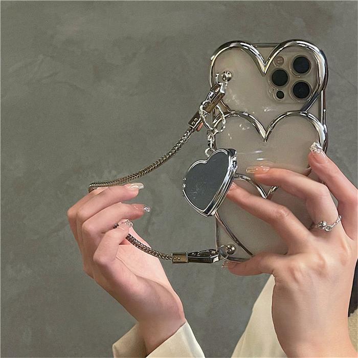 Luxury Stylish Silver Love Heart Mirror Portable Bracelet Case For iPhone 13 12 14 15 16 Pro Max 11