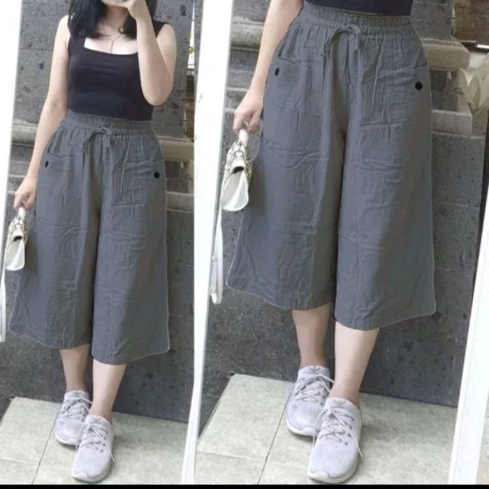 Celana Kulot 7/8 Kancing Linen Premium Kekenian Standar & Jumbo Nyaman untuk Sehari-hari Panjang 70 