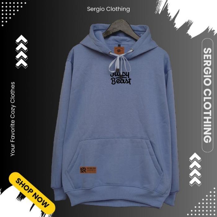 hodie pria terbaru brand lokal bandung bahan kain fleece sablon juicy beast lengan panjang all size 