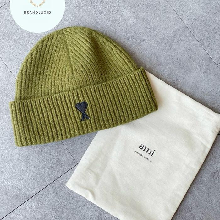 Ami Paris Logo Beanie Hat Ecru & Khaki