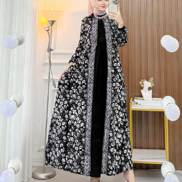 Gamis twill rayon ori premium Motif Bunga Klasik Monocrom Muslim Wanita Dress Remaja Dewasa Lebaran 