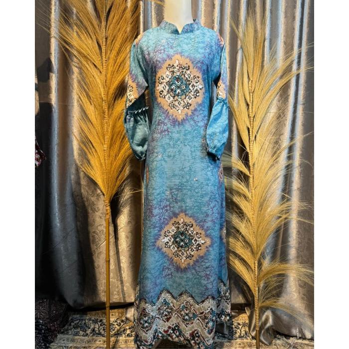 Gamis Jumputan Elegan Palembang Print Mewah Baju Dress Wanita Kondangan Lebaran Simple Nyaman LD 120