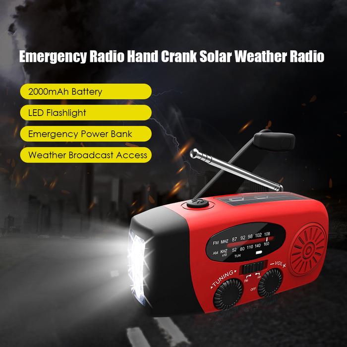 Emergency Radio Hand Crank Solar Weather Radio 2000mAh AM /