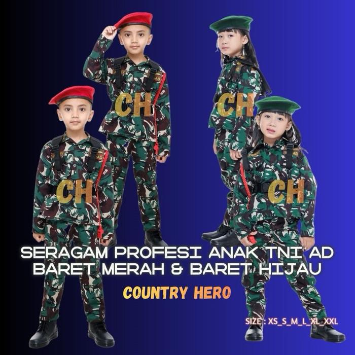 SERAGAM PROFESI TNI AD BARET MERAH & BARET HIJAU ANAK FULLSET FULL AKSESSORIS SEPATU PDL RESSLETING 