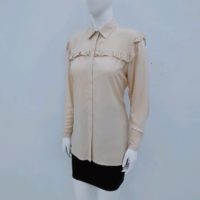 Atasan Kemeja Wanita Twill Premium dengan Kerah Variasi Rempel dan Kancing Ful Motif Polos Lengan Pa
