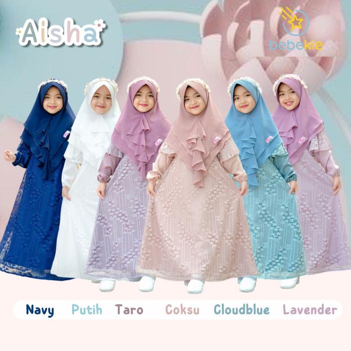 Gamis anak perempuan Muslim terbaru Aisha Brukat Ori set hijab Syari murah Polos Navy Putih Lebaran