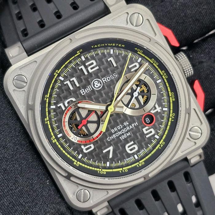 Jam tangan Automatic Swiss Chronograph Bell & Ross BR 03-94 RS18 Titanium Rubber & Nilon Elastis Str
