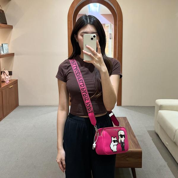 Tas KARL LAGERFELD ROUND DUO IKONIK CHOUPETTTE FUCHSIA PINK LEATHER CAMERA BAG 100% ORIGINAL