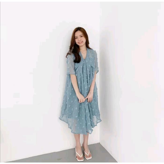 NEW Dress Brukat Baju Lebaran Idul Fitri Dress Kondangan Korean Dress Lengan Panjang Timbul Brokat D