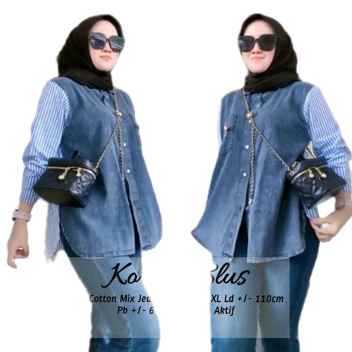 Korean blouse jeans mix katun Dress wanita muslimah Gamis baju midi muslim gaun lebaran oneset hijab