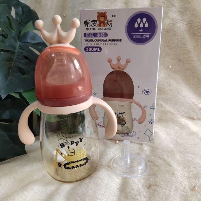 Botol 2 IN 1 Dot dan sedotan Botol Minum Anak Bayi Karakter rabbit Bear Tutup Clip Isi 300ML Bahan J