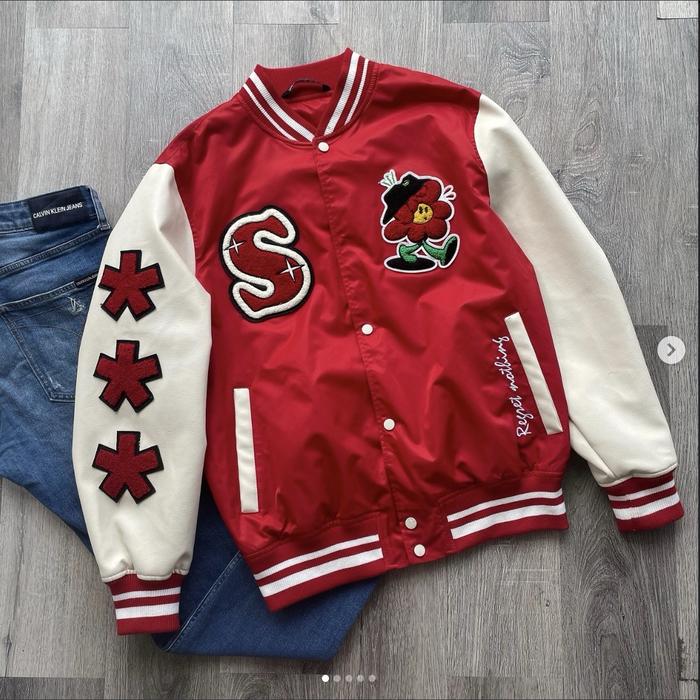 Jacket Bomber Ringer Kulit  Colorblock Warna Merah Gading untuk Wanita dariZaraZaraWomen's Red Ivory