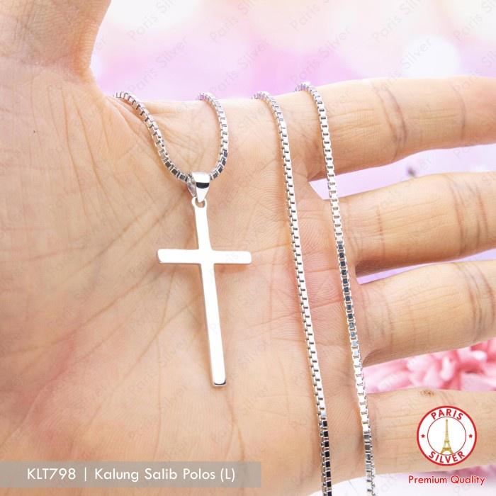 Kalung Salib Polos Besar Perak Asli Silver 925 Lapis Emas Putih Liontin Bandul Salip Pria Wanita Cow