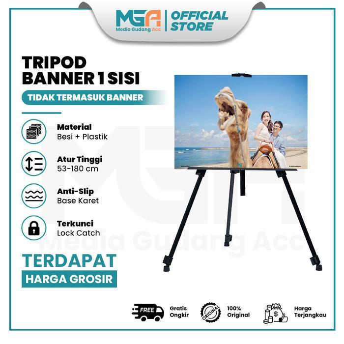 ASLI - TRIPOD STAND FRAME BANNER 1 SISI ALUMUNIUM ALLOY HITAM ADJUSTABLE UNTUK DISPLAY POSTER & FOTO