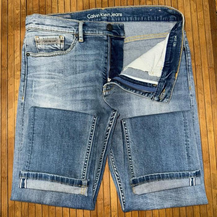 CALVIN KLEIN SELVEDGE BLUE WASH RIPPED FABRIC STRETCH DENIM JEANS