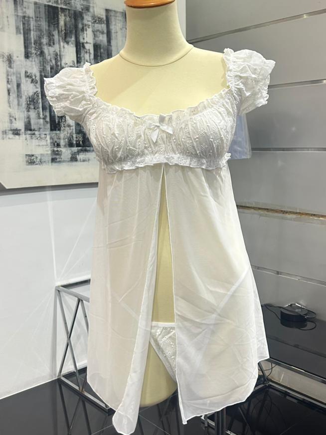 Gaun Tidur Renda Tile Premium Ringan Babydoll Putih Lengan Karet Puff Manis White 72212