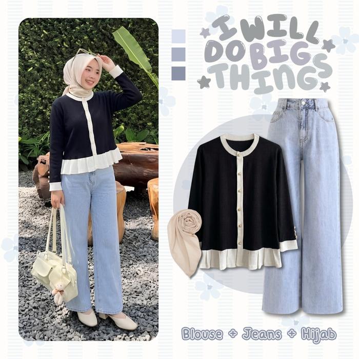 One Set Wanita 3in1 Casual Korean Look | Vania Cardigan Knit Rampel Kombinasi Hitam + Loose Pant Jea