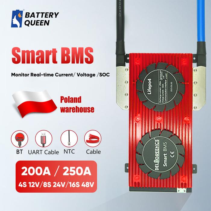 EU Stock LiFePO4 4S 250A Smart BMS 8S 16S 200A Bluetooth for 12V 24V
