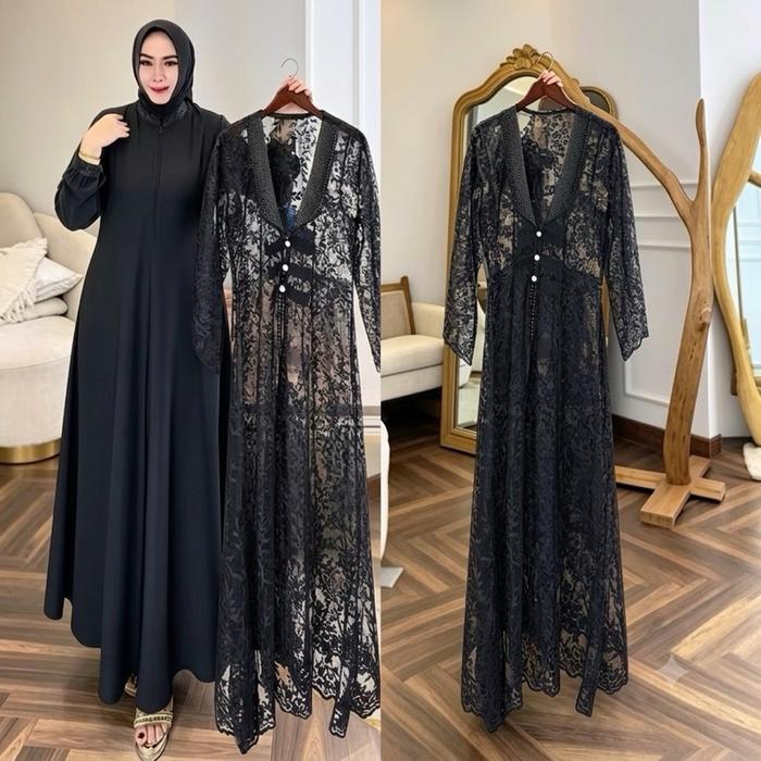Zeya Gamis Syari Layer Kombinasi Outer Brokat Mewah Wanita Muslim Gamis Syari Premium 2in1 Inner Dre