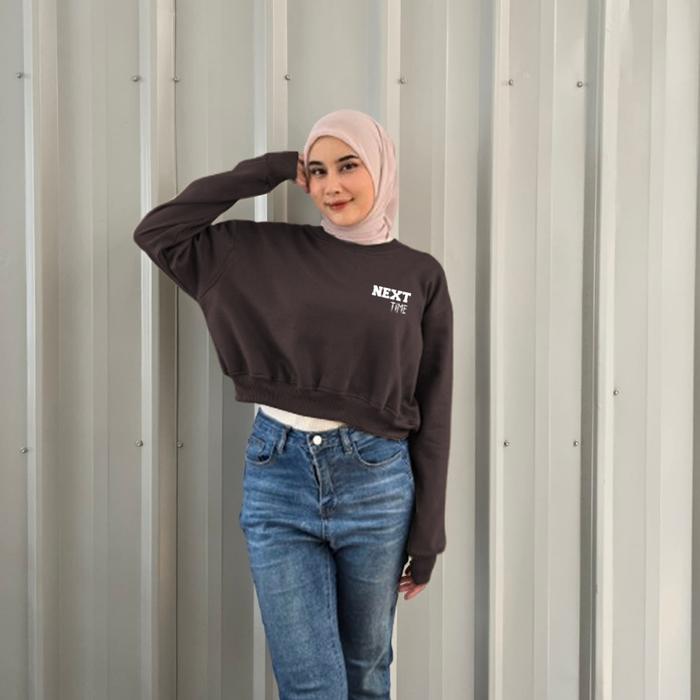 Sweater wanita next time crop top lengan panjang bahan fleece hodie lembut sablon depan tulisan aest