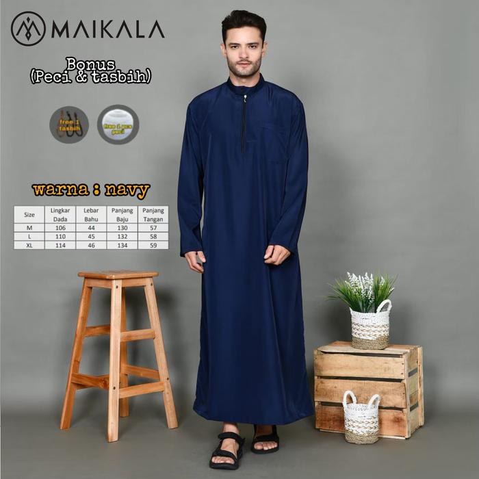 Jubah Gamis Pria Model Simple Polos Original Maikala Premium Al Haramain Warna Biru Navy Dongker Mus