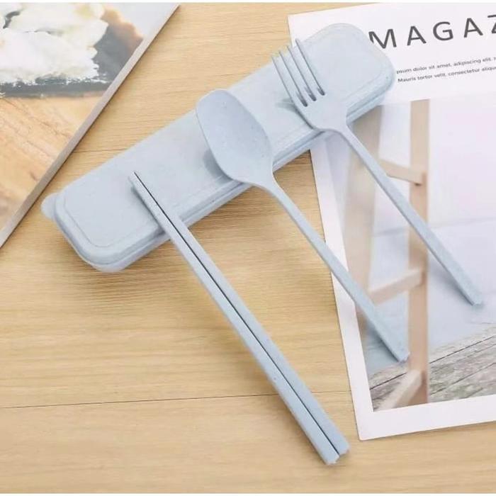 Set Sendok Garpu 3in1 Box Plastik Alat Makan - Tempat Alat Makan Jerami Set 3in1 Sendok Sumpit