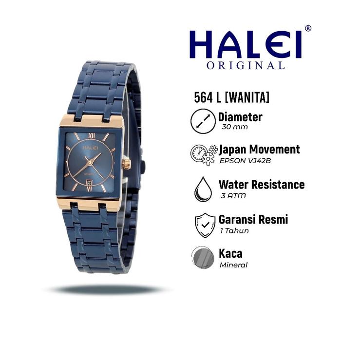 Halei 564 L Jam Tangan Wanita Halei Original Anti Air Rantai Stainless Back Tanggal Analog Kekinian