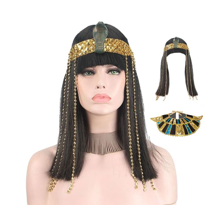 Cleopatra Egyptian Queen Wig and Beads Fringe Snake Headband Straight Hair Wig Egypt Neck Collar Hal