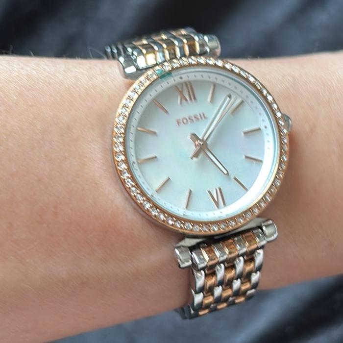 Authentic Fossil Carlie Mini ES4649 watch with a two-tone stainless steel bracelet and a mother-of-p