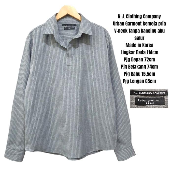 N.J. Clothing Company Urban Garment kemeja pria V-neck tanpa kancing abu salur
