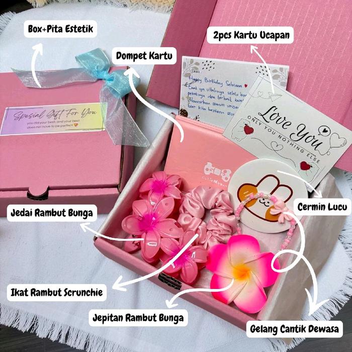 Hampers Gift Box Pink Biru Hijab Pashmina / Hijab Voal / Daster / Aksesoris Lucu - Hampers  Hadiah U