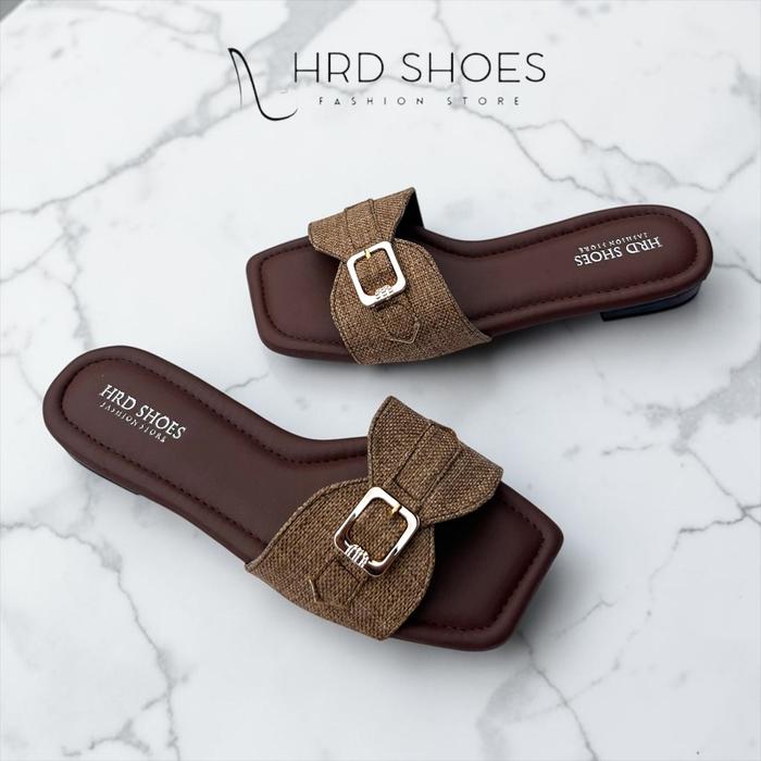 Sandal Wanita Pesta Kasual Kekinian Flat Teplek Slop Kokop Canvas Kobe Strap Dasi Trendy Terbaru | S