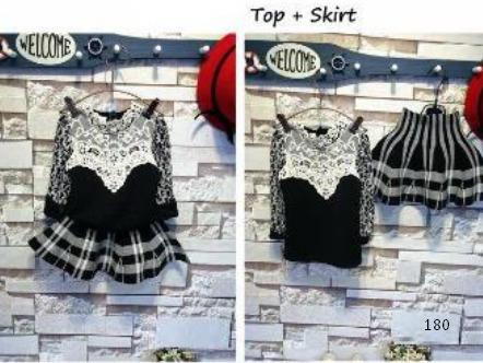 Setelan Anak Lengan Panjang + Rok Fashion Motif Kotak-kotak & Polos Warna Hitam Putih
