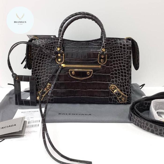 BALENCIAGA SMALL CITY EDGE CROCO DARK GREY GHW