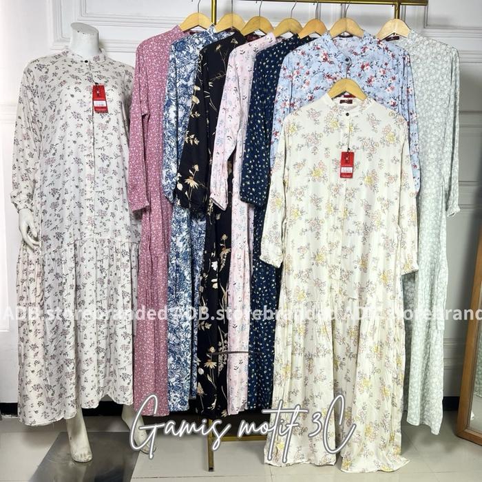 Gamis motif 3C Original rayon premium Long dress bunga wanita kancing depan busui lengan panjang pak