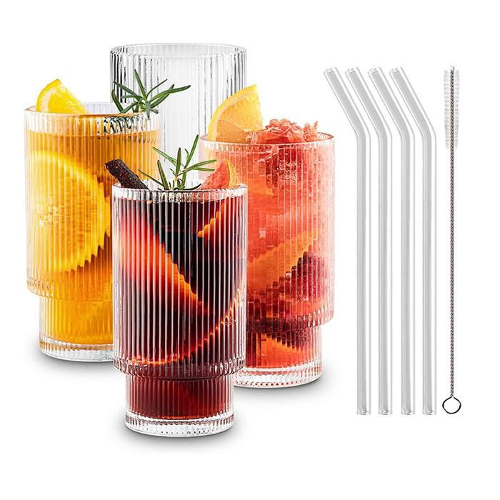 Terlaris, Ribbed Glassware Cocktail Glasses Vintage Glassware With