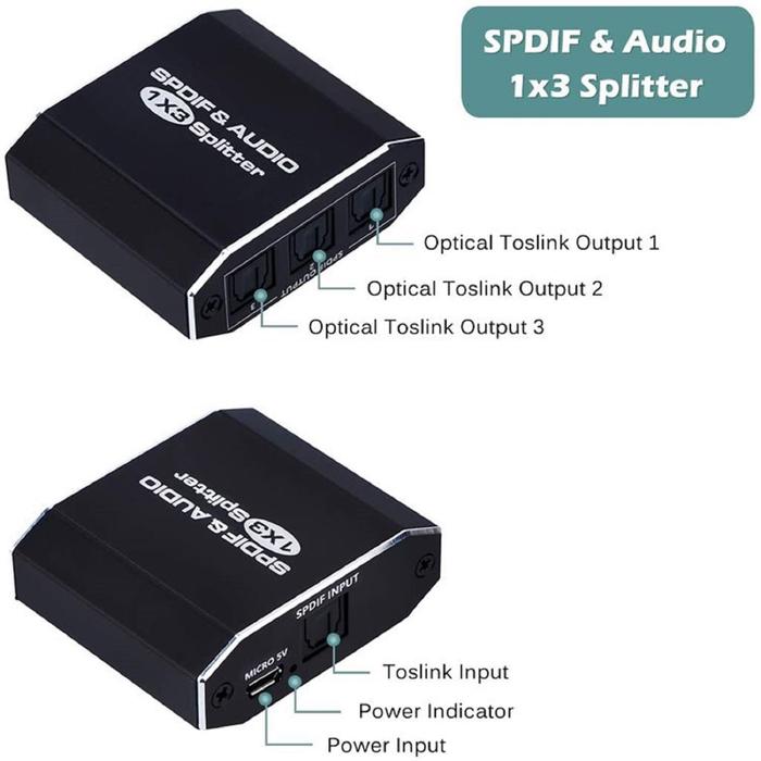Aluminum Alloy Spdif Toslink Optical Digital Audio Splitter 1x3
