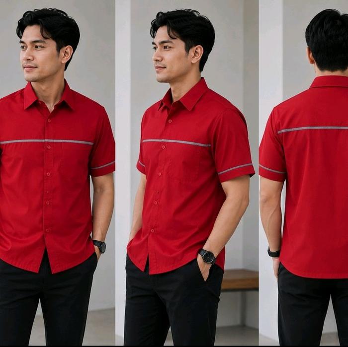 Kemeja Seragam Kerja Unisex Modern Putih, merah ,oren lis“Scotlight Formal Casual Kekinian