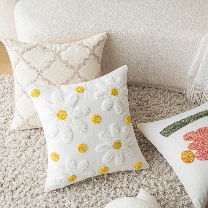 Flower Tufted Cushion Cover  Beige Geometric Embroidery Floor Pillow