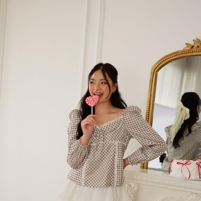 [SALE] Peach Poppy GALANTINE Top - Checkered Top Blouse Kotak-Kotak Longsleeve Korean Style