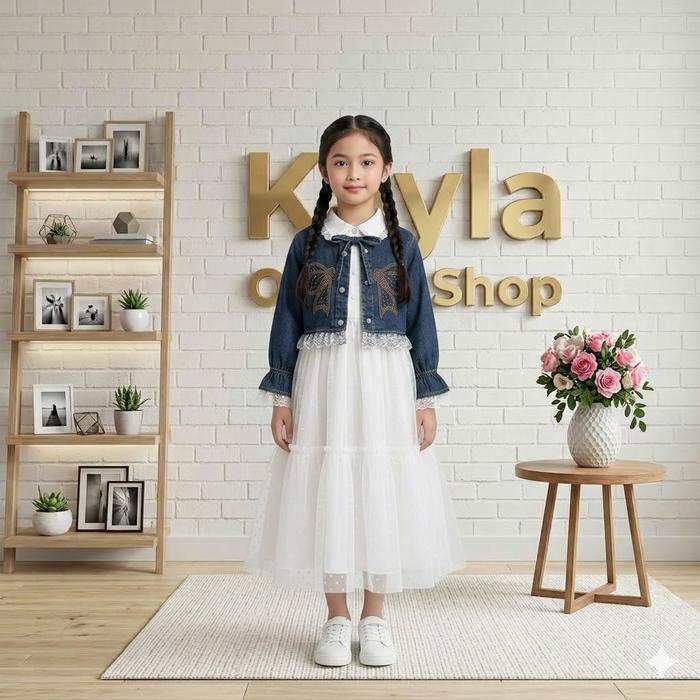 Aurel Gamis Rompi Jeans Usia Anak 2-11 Tahun Bahan Jeans Mix Brukat Motif Manik - Manik Pita Viral K