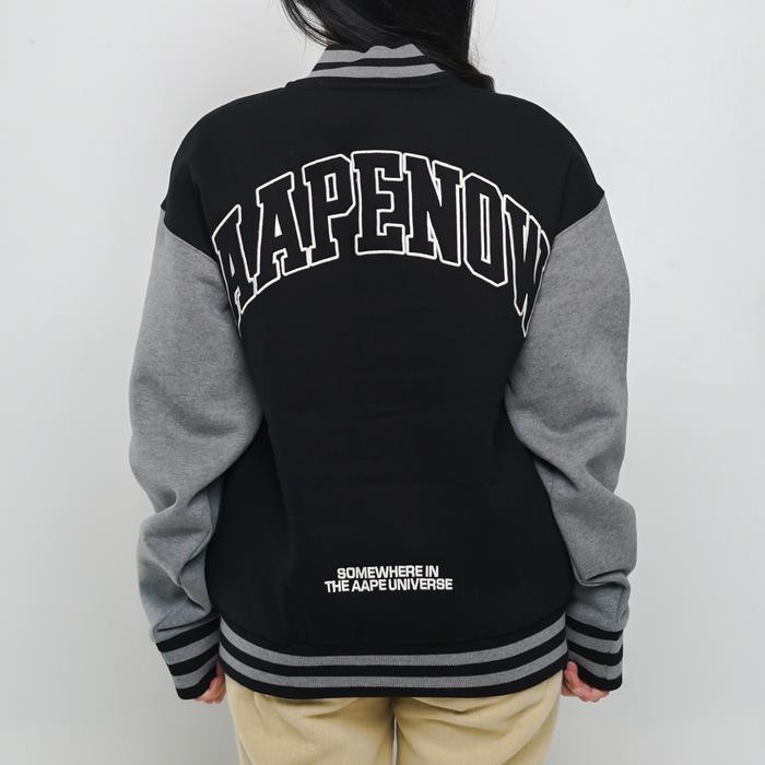 Jaket AAPE NOW OUTLINE WHITE HALF GREY BLACK VARSITY JACKET 100% ORIGINAL