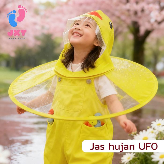 Jaket Hujan Anak Model Bebek Kuning β Topi Payung Bentuk Piring Terbang Cape Lucu untuk Bayi & Anak